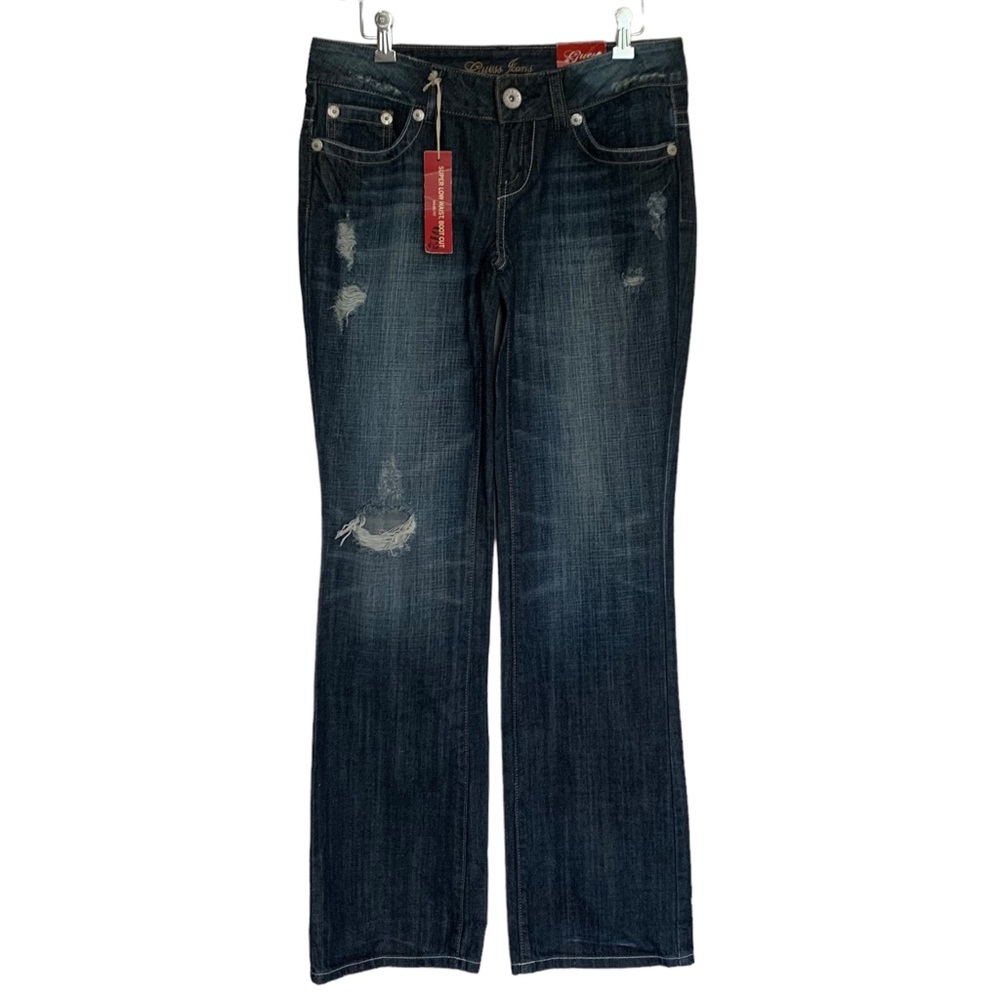 NWT Guess Super Low Waist Boot Cut Malibu Fit Super Dark Destroyed Jeans…